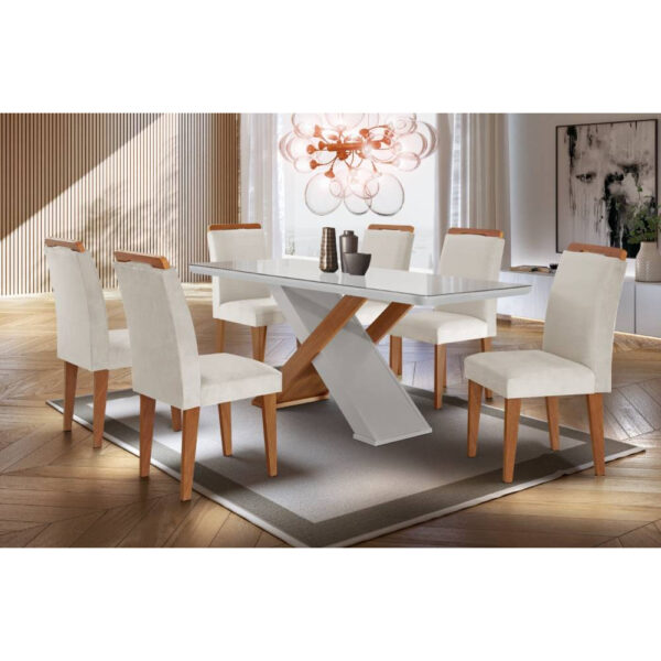 Mesa Imperatriz 180 Canto Copo Imbuia/Off White com 4 Cadeiras  Veludo  – RUFATO (P-ok)