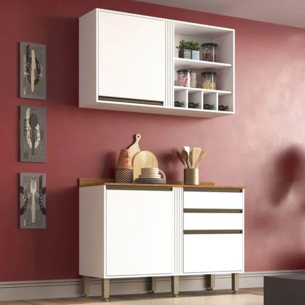 Aéreo + Balcão Cozinha Pérola Larg. 1.20m Branco Sallêto