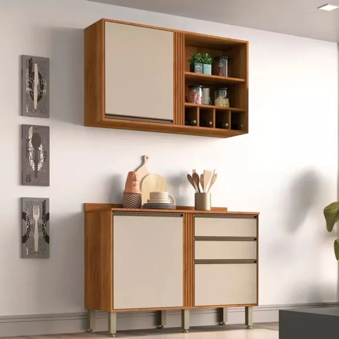 Aéreo + Balcão Cozinha Pérola Larg. 1.20m Cinamomo-Off White Sallêto