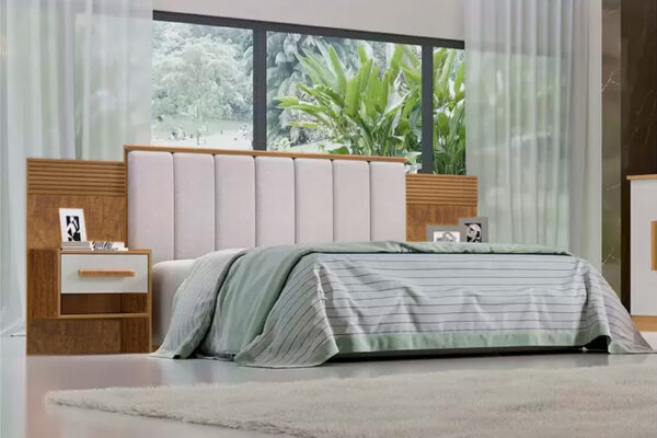 Cabeceira Queen Íris Larg. 2.60m com Detalhe Ripado 100% MDF Ipê/Off D'Doro