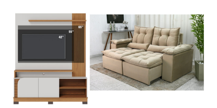 Home Theater até 65″ Jurerê 1.5 Off White Matte/Freijó – COLIBRI+Sofá Retrátil Reclinável 3 Lug. Grécia 2.00m Veludo Bege