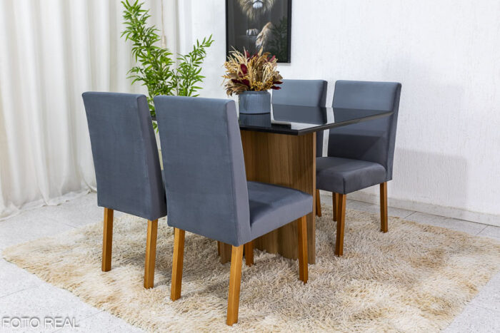 Mesa de Jantar Helo 120×80 Tampo Grafite Vidro Preto 4 Cad. Roma Veludo Cinza 507 - Image 2