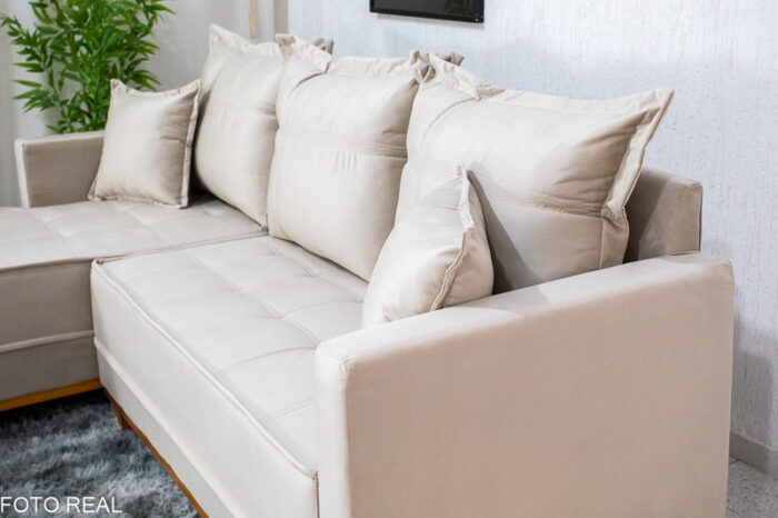 Sofá 3 Lug. Com Chaise Milão Larg. 2.30m Veludo Bege 818 - Molas Ensacadas - Image 3