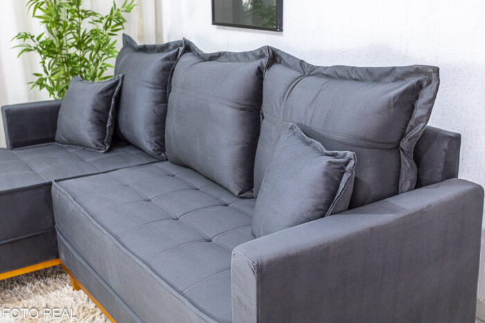 Sofá 3 Lug. Com Chaise Milão Larg. 2.30m Veludo Cinza 814 - Molas Ensacadas - Image 3