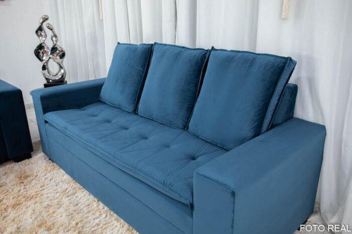 Sofá 3 e 2 lugares França com Puff Veludo Azul A16 - Image 5