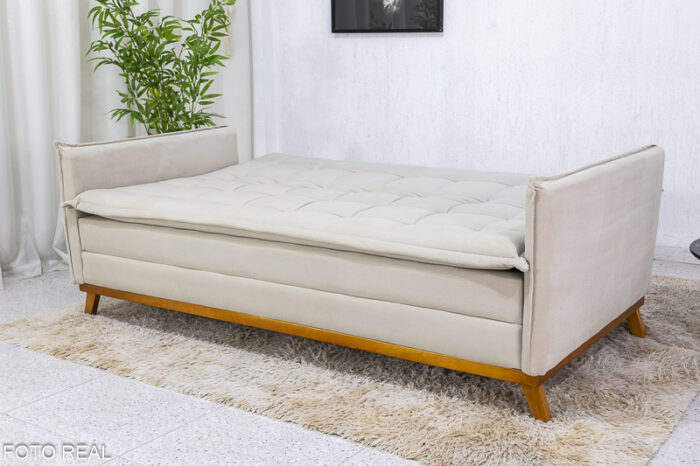 Sofá Cama Lotus larg. 1.93m Molas Bonnel Veludo Bege 01 - Image 5