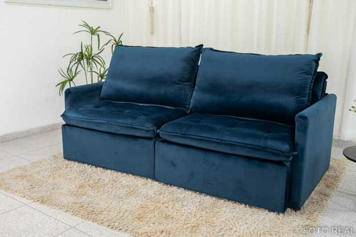 Sofá Retrátil Reclinável e Sofá Cama Málaga 2.15m Veludo Azul A16 - Image 3
