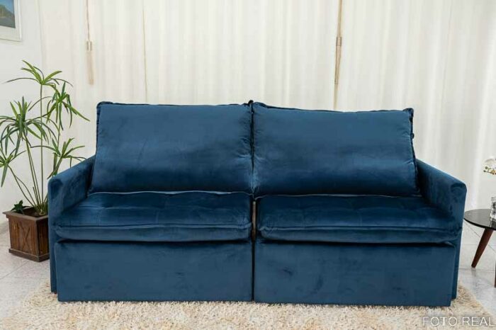 Sofá Retrátil Reclinável e Sofá Cama Málaga 2.15m Veludo Azul A16 - Image 4