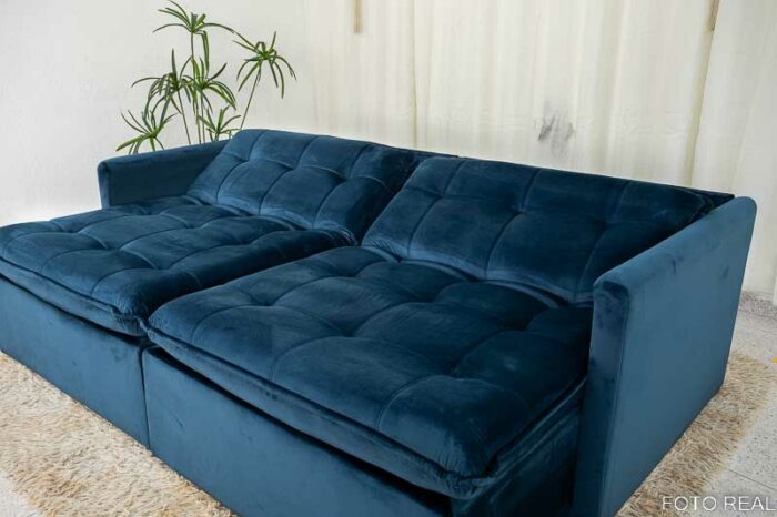 Sofá Retrátil Reclinável e Sofá Cama Málaga 2.15m Veludo Azul A16 - Image 9