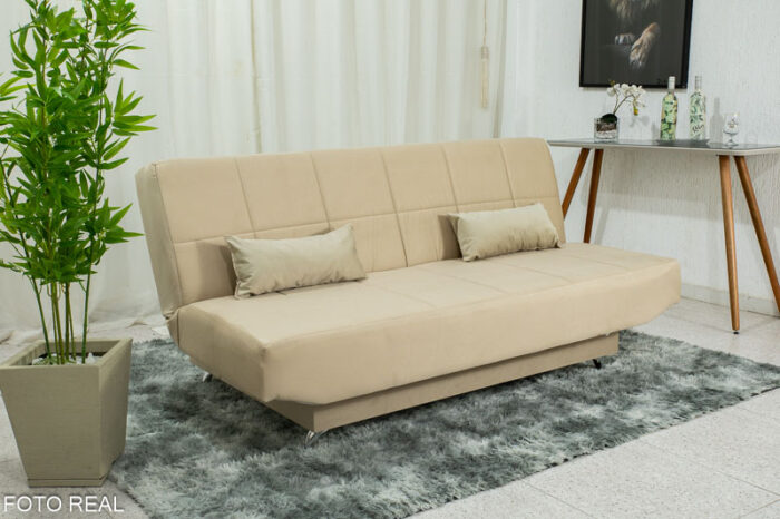 Sofá Cama Will Larg. 1.80m Molas Bonnel Tecido Sued Bege Pastel