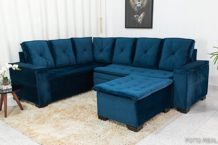 Sofá Canto 5 lugares com Puff Alemanha Veludo Azul A16 - Image 3