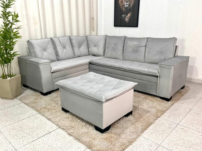 Sofá Canto 5 lugares com Puff Alemanha Veludo Cinza A38