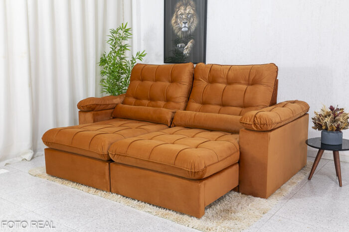 Sofá Retrátil Reclinável 2.27m Verona Veludo Terracota 24 - Molas Ensacadas