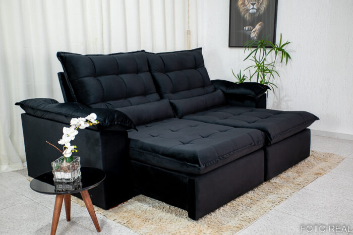 Sofá Retrátil Reclinável 2.30m Emanuelly Veludo Preto 21 - D28 Soft