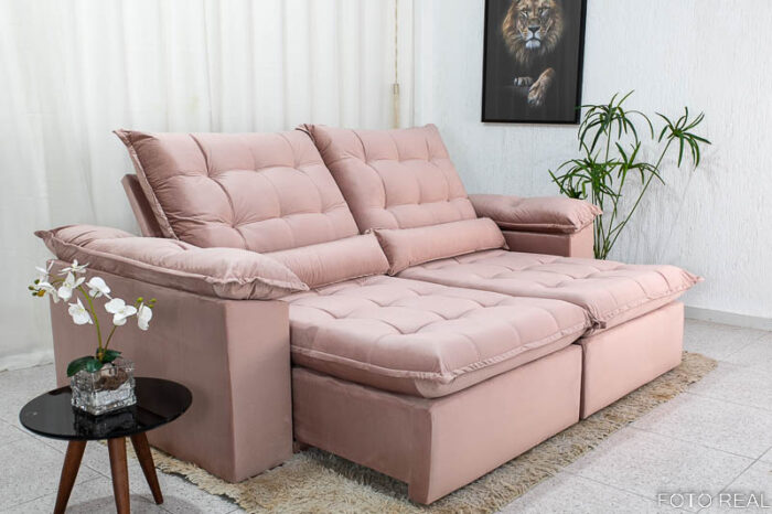 Sofá Retrátil Reclinável 2.30m Emanuelly Veludo Rose 25 - D28 Soft