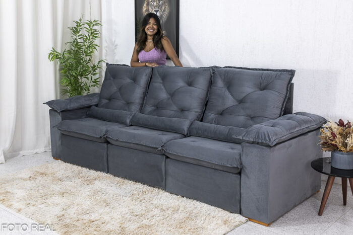 Sofá Retrátil Reclinável 2.70m Roma Veludo Cinza 20 - D28 Soft - Image 3