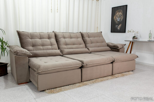 Sofá Retrátil Reclinável 3.20m Emanuelly Veludo Bege 02 - D28 Soft