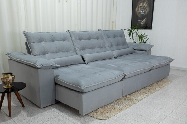 Sofá Retrátil Reclinável 3.20m Emanuelly Veludo Prata 06 - D28 Soft