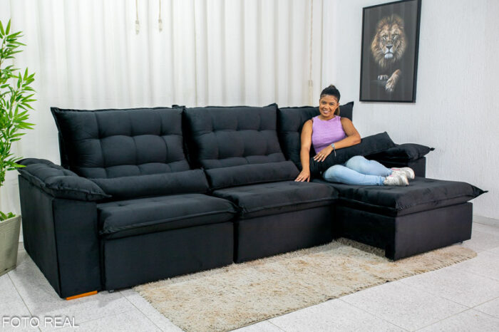 Sofá Retrátil Reclinável 3.20m Emanuelly Veludo Preto 21 - D28 Soft - Image 2