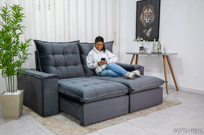 Sofá Retrátil Reclinável Atenas 2.10m Veludo Cinza 814 - D33 e Molas Ensacadas