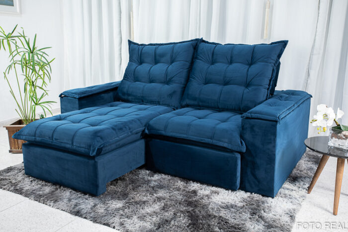 Sofá Retrátil Reclinável Atenas 2.10m Veludo Azul 800 - D33 e Molas Ensacadas - Image 2