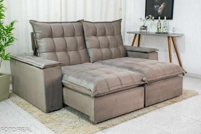 Sofá Retrátil Reclinável Atenas 2.10m Veludo Cinza 813 - D33 e Molas Ensacadas - Image 4