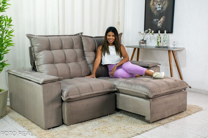 Sofá Retrátil Reclinável Atenas 2.10m Veludo Cinza 813 - D33 e Molas Ensacadas