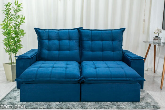 Sofá Retrátil Reclinável Atenas 2.30m Veludo Azul 800 - D33 e Molas Ensacadas - Image 6