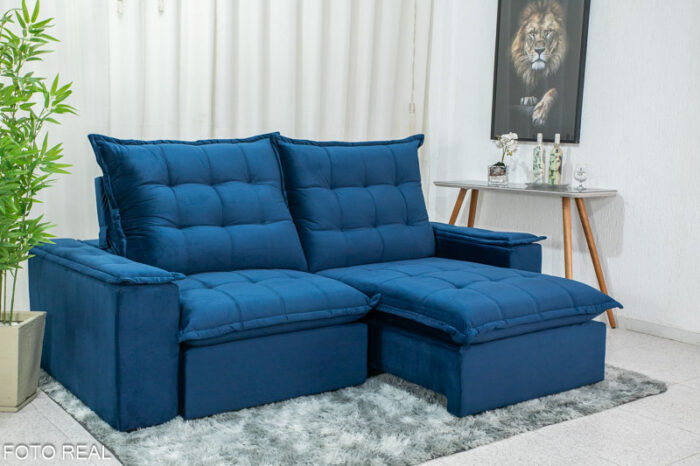 Sofá Retrátil Reclinável Atenas 2.30m Veludo Azul 800 - D33 e Molas Ensacadas
