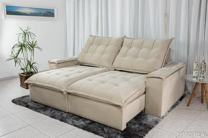 Sofá Retrátil Reclinável Atenas 2.30m Veludo Bege 818 - D33 e Molas Ensacadas - Image 2