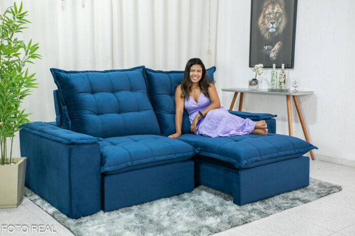 Sofá Retrátil Reclinável Atenas 2.50m Veludo Azul 800 - D33 e Molas Ensacadas