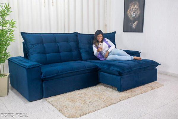 Sofá Retrátil Reclinável Atenas 2.90m Veludo Azul 800 - D33 e Molas Ensacadas