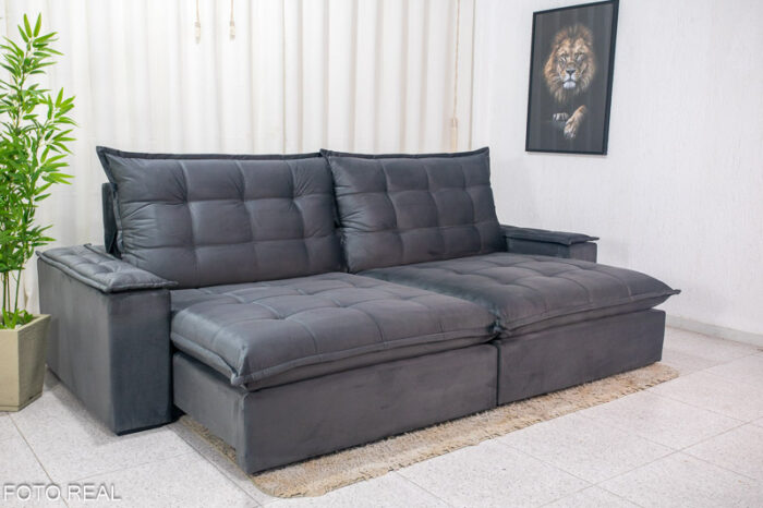 Sofá Retrátil Reclinável Atenas 2.90m Veludo Cinza 814 - D33 e Molas Ensacadas - Image 4
