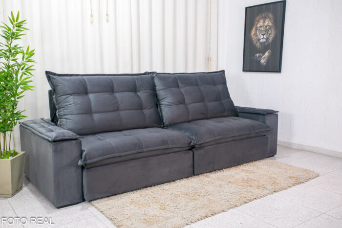 Sofá Retrátil Reclinável Atenas 2.90m Veludo Cinza 814 - D33 e Molas Ensacadas - Image 3