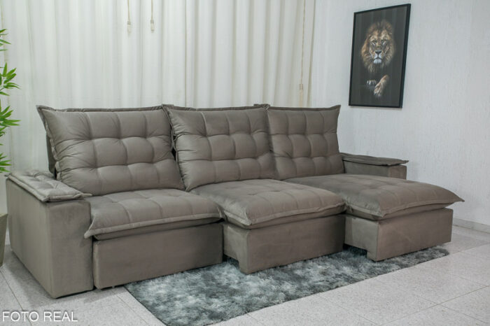 Sofá Retrátil Reclinável Atenas 3.20m Veludo Cinza 813 - D33 e Molas Ensacadas - Image 3