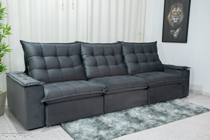 Sofá Retrátil Reclinável Atenas 3.20m Veludo Cinza 814 - D33 e Molas Ensacadas - Image 4