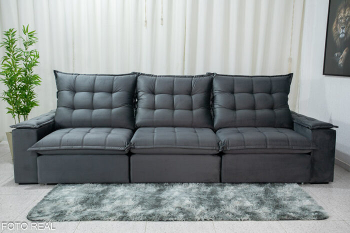 Sofá Retrátil Reclinável Atenas 3.20m Veludo Cinza 814 - D33 e Molas Ensacadas - Image 6