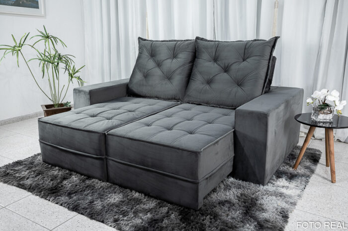 Sofá Retrátil Reclinável Berlim 2.10m Veludo Cinza Escuro 814 - D33 e Molas Ensacadas