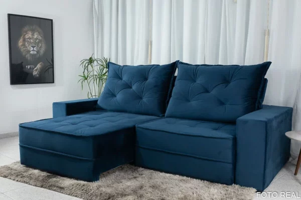 Sofá Retrátil Reclinável Berlim 2.30m Azul 800 - D33 e Molas Ensacadas
