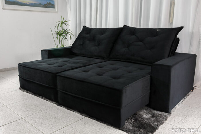 Sofá Retrátil Reclinável Berlim 2.30m Veludo Black 820 - D33 e Molas Ensacadas