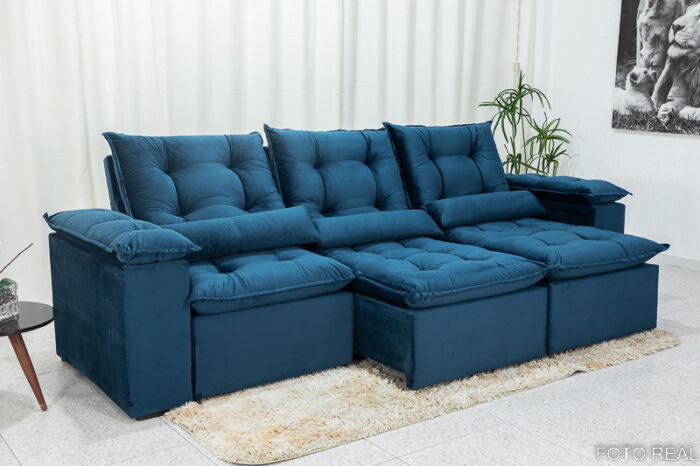 Sofá Retrátil Reclinável Grécia 2.70m Veludo Azul - Image 3