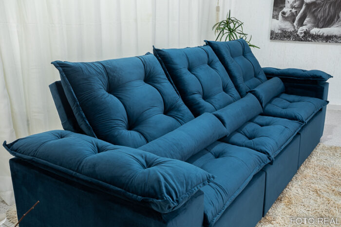 Sofá Retrátil Reclinável Grécia 2.70m Veludo Azul - Image 6
