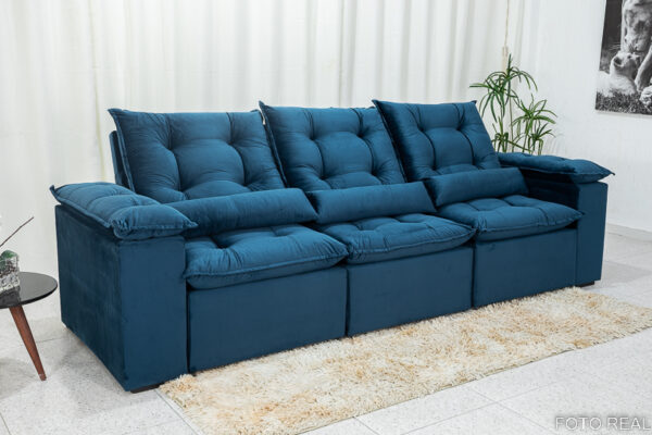Sofá Retrátil Reclinável Grécia 2.70m Veludo Azul