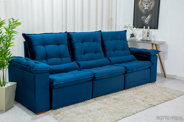 Sofá Retrátil Reclinável Madri 2.70m Veludo Azul 03 - D28 Soft - Image 4