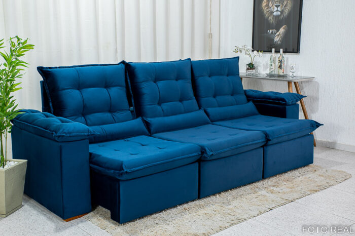 Sofá Retrátil Reclinável Madri 2.70m Veludo Azul 03 - D28 Soft - Image 3