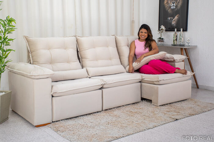 Sofá Retrátil Reclinável Madri 2.70m Veludo Bege 01 - D28 Soft