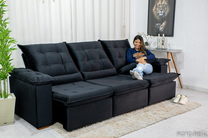 Sofá Retrátil Reclinável Madri 2.70m Veludo Preto 21 - D28 Soft