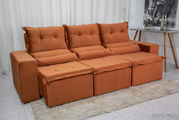Sofá Retrátil Reclinável New Carol 2.60m Veludo Terracota 24