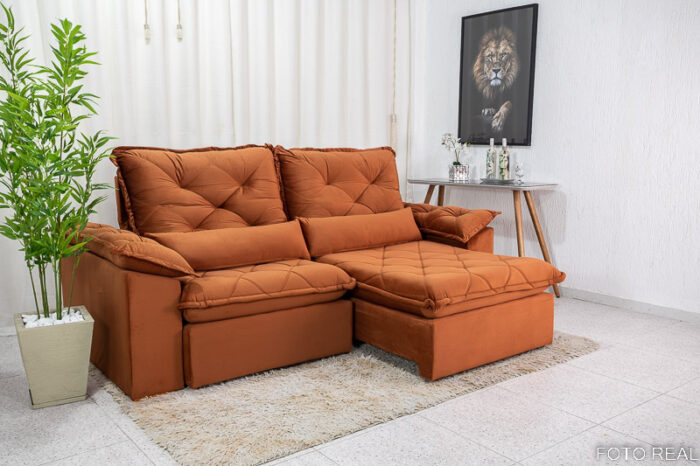 Sofá Retrátil Reclinável Suíça 2.10m Veludo Telha 5008 - D33 e Molas Ensacadas - Image 5
