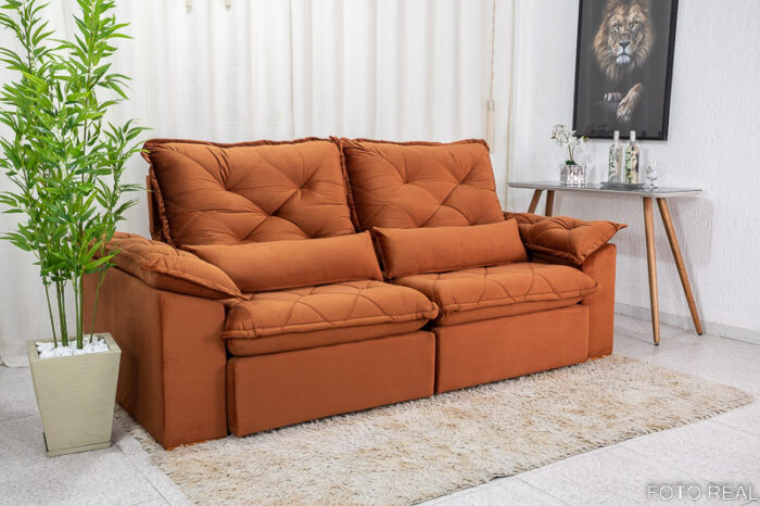 Sofá Retrátil Reclinável Suíça 2.10m Veludo Telha 5008 - D33 e Molas Ensacadas - Image 3